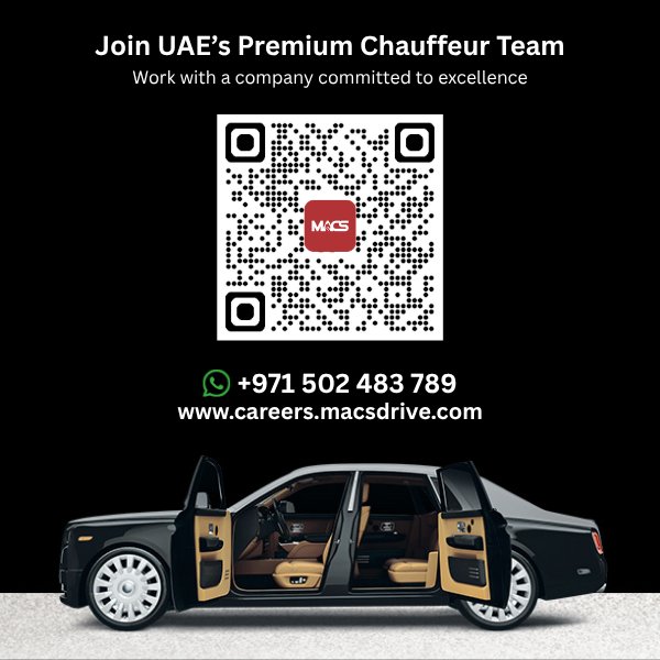 Join UAE’s Premium Chauffeur Team hiring banner with QR code, WhatsApp contact and careers link for Macs Drive